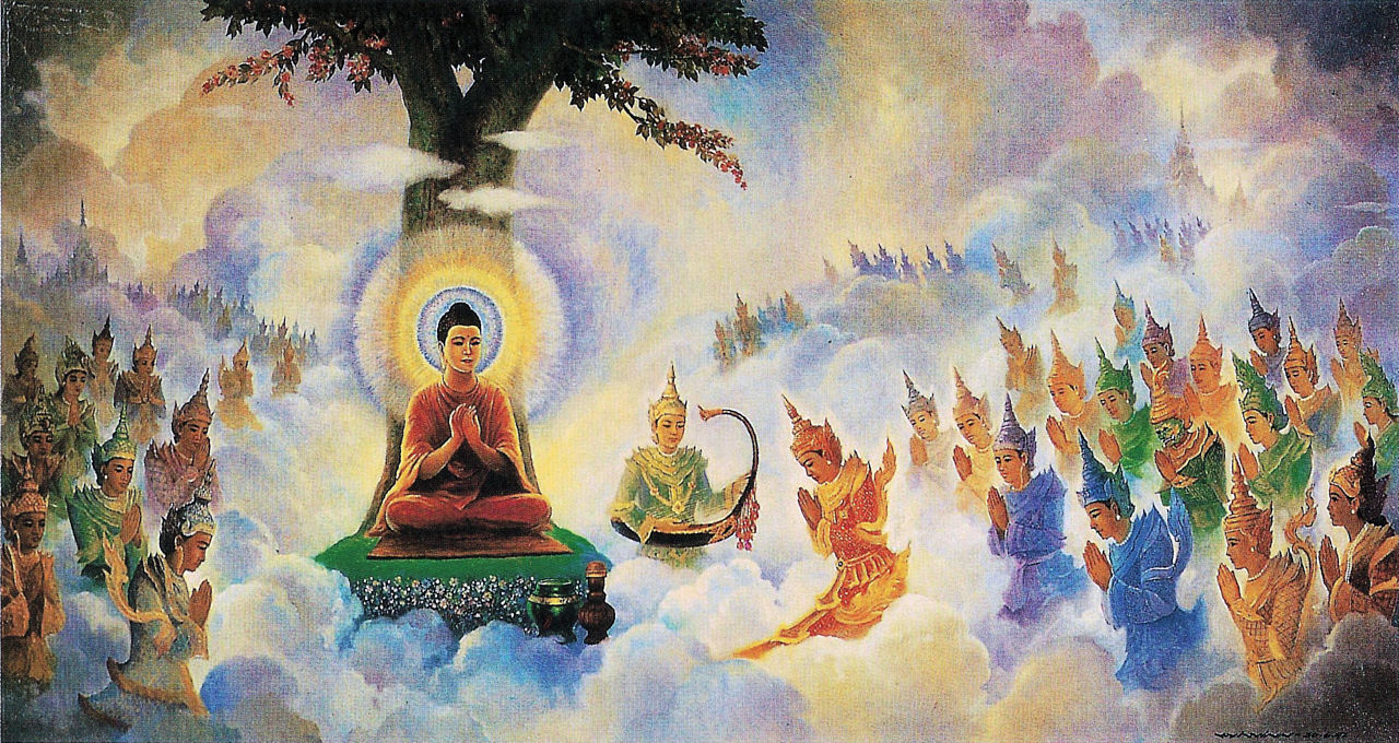 Buddha teaching Abhidharma in Trayamstrimsa-edited