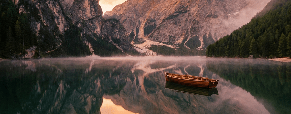 Wooden boat on a calm lake reflecting rugged mountains and a colorful sunrise sky.
