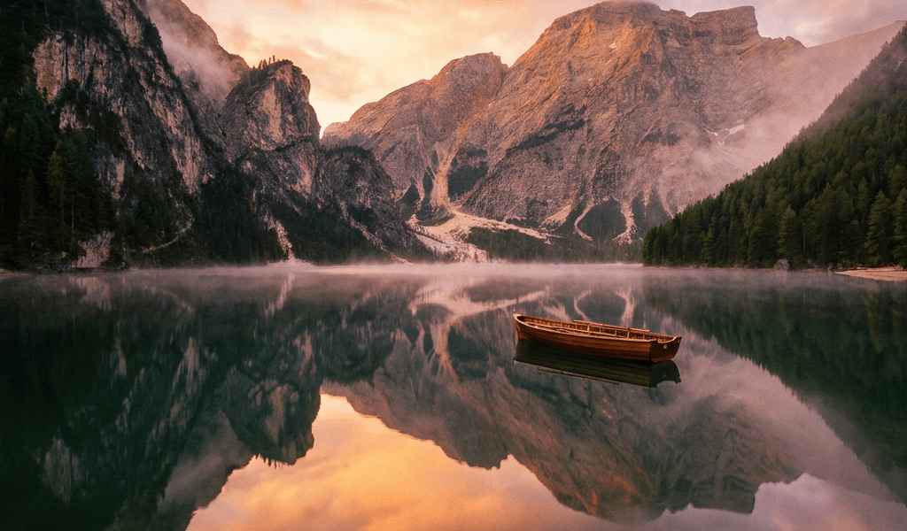 Wooden boat on a calm lake reflecting rugged mountains and a colorful sunrise sky.