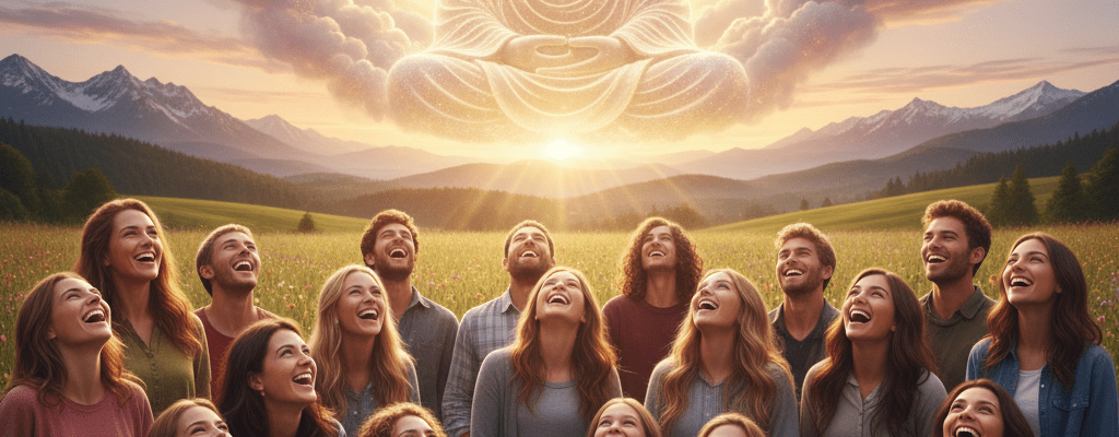 Diverse group of people looking up joyfully at a glowing, ethereal Buddha in the sky.