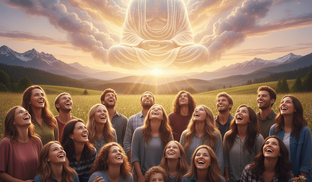 Diverse group of people looking up joyfully at a glowing, ethereal Buddha in the sky.