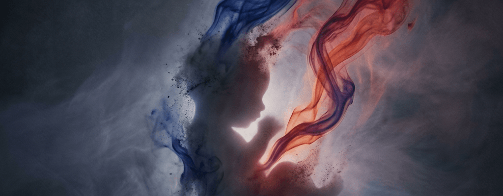 Silhouette of a fetus surrounded by blue and red swirling smoke against dark background