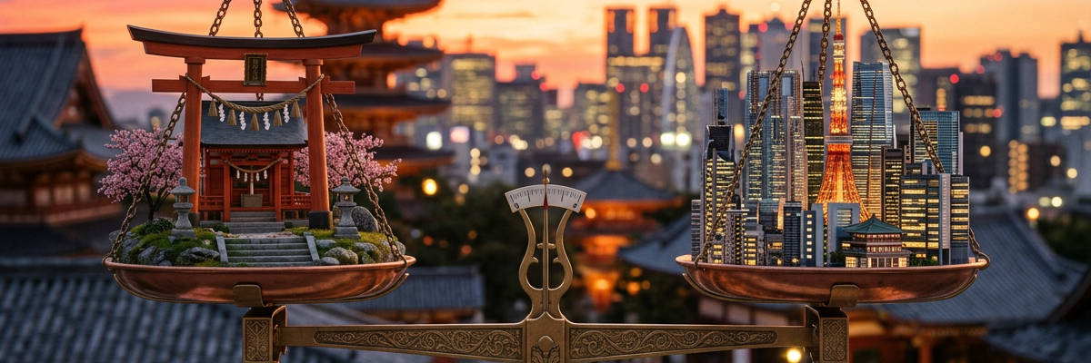 Scale with miniature traditional Japanese shrine on one side and modern cityscape on the other