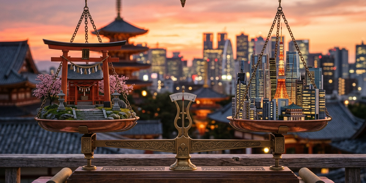Scale with miniature traditional Japanese shrine on one side and modern cityscape on the other