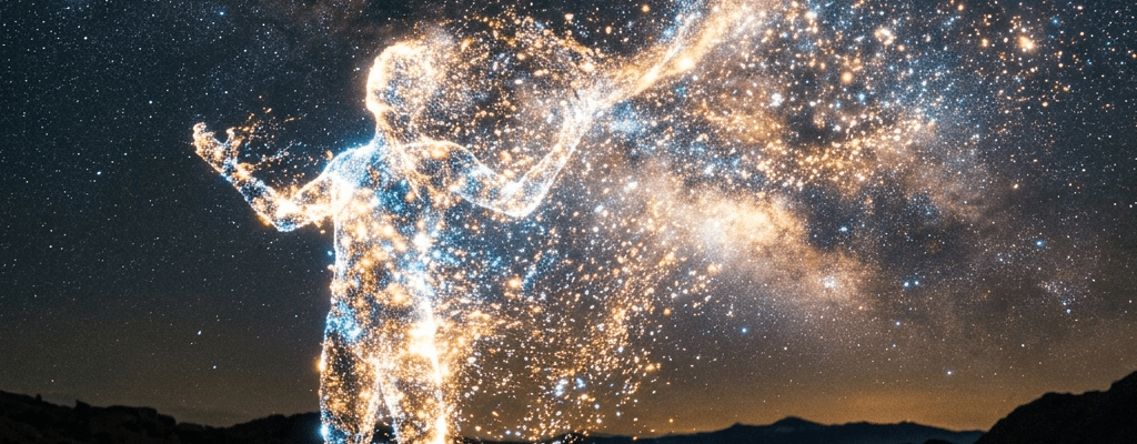 Humanoid figure made of stars glowing against a rocky landscape and star-filled night sky