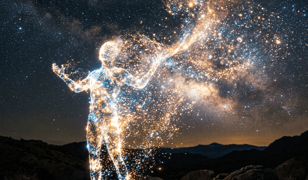 Humanoid figure made of stars glowing against a rocky landscape and star-filled night sky