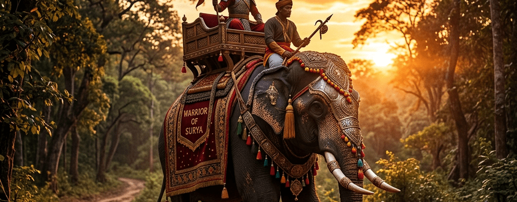 Warrior and attendant on an elaborately decorated elephant walking on forest trail at sunset