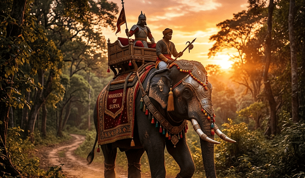 Warrior and attendant on an elaborately decorated elephant walking on forest trail at sunset