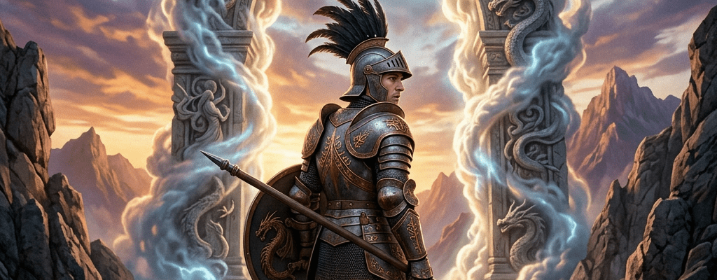 Armored knight holding spear and shield standing before glowing ancient stone archway