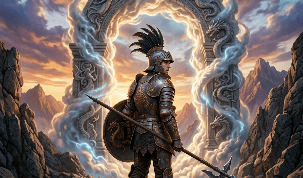 Armored knight holding spear and shield standing before glowing ancient stone archway