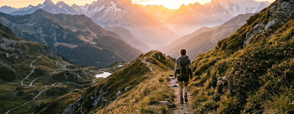 Person hiking on a rocky mountain path with a sunset and mountain range in the background