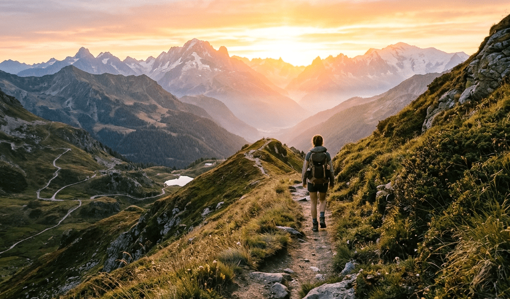 Person hiking on a rocky mountain path with a sunset and mountain range in the background