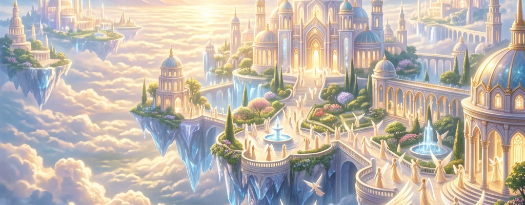 Floating celestial city with angels and radiant sunlight