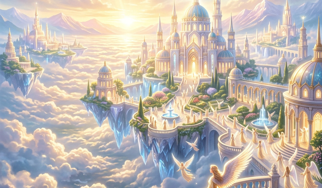 Floating celestial city with angels and radiant sunlight