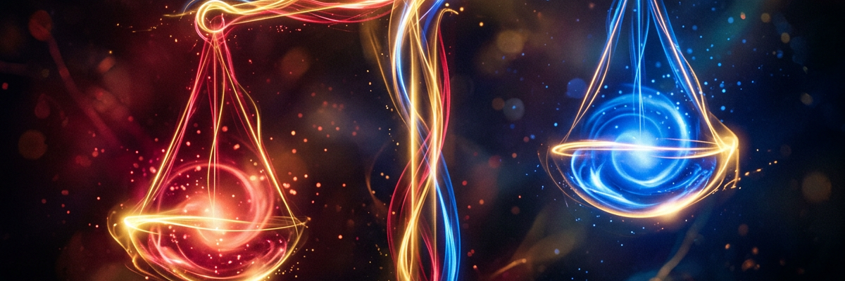Glowing balance scale with red and blue swirling lights on each side