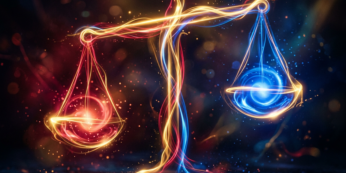 Glowing balance scale with red and blue swirling lights on each side